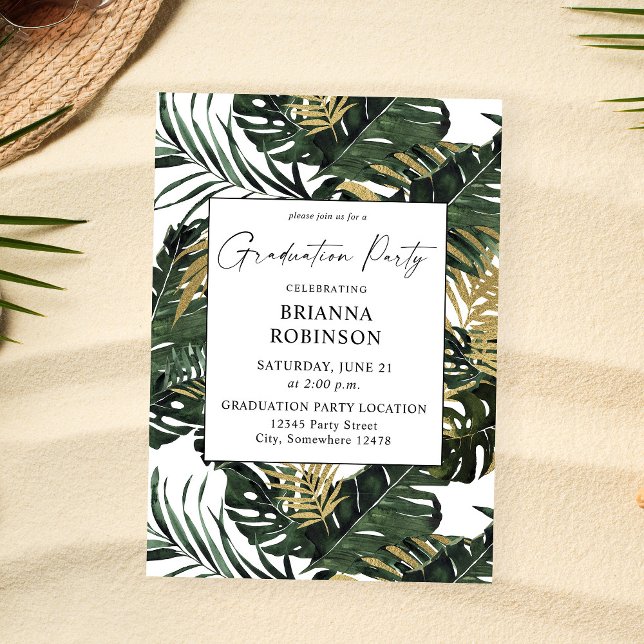 Invitation Tropical Palm Leaf & Gold Graduation Party (Créateur téléchargé)