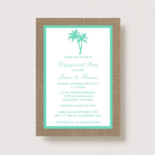Invitation Tropical Palm Tree Burlap Beach Engagement Party (Créateur téléchargé)