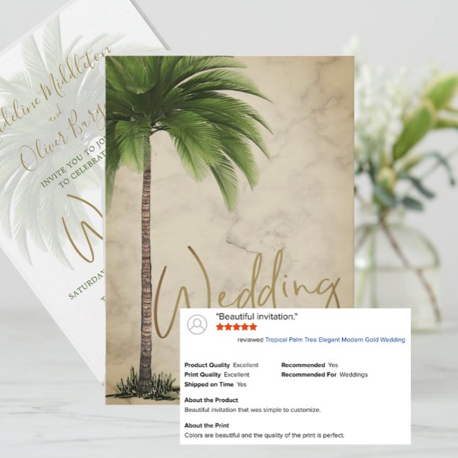 Invitation Tropical Palm Tree élégant Mariage d'or moderne (Créateur téléchargé)