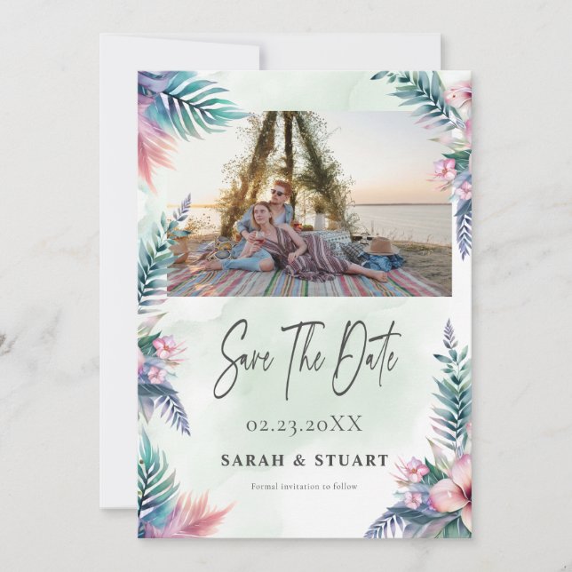 Invitation Tropical palm tree Photo QR Code Enregistrer la da (Devant)