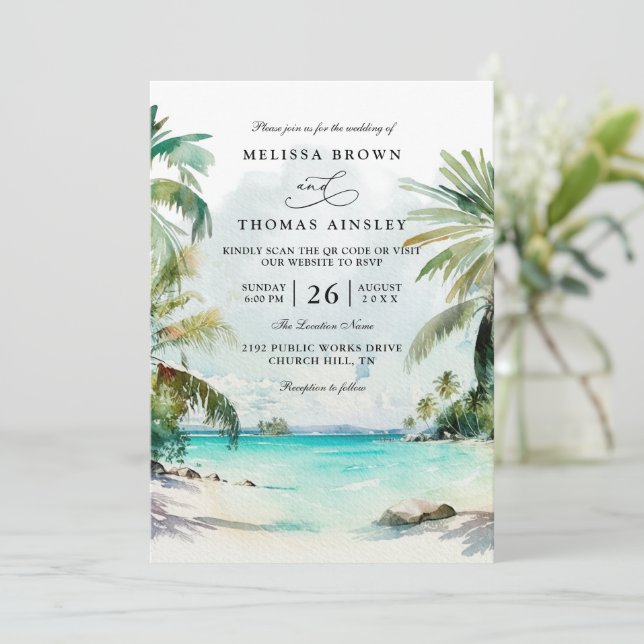 Invitation Tropical Palm Trees Beach Scene QR Code Wedding (Debout devant)