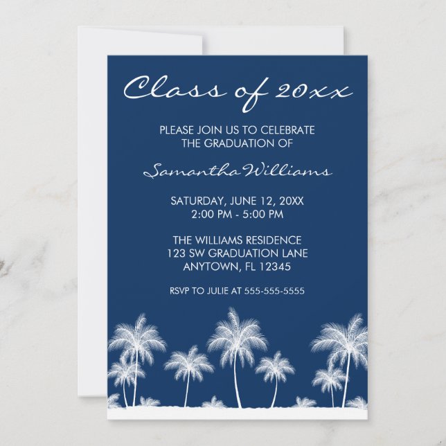 Invitation Tropical Palm Trees Blue Graduation Party (Devant)