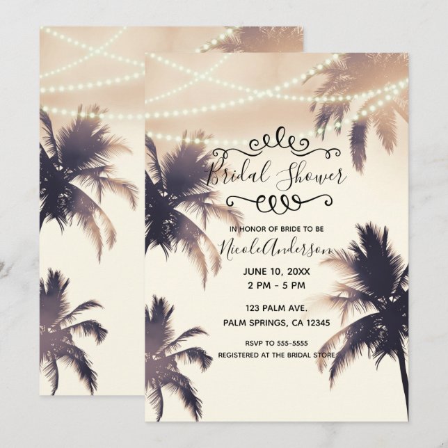 Invitation Tropical Palm Trees & Lights Crème Shower de Maria (Devant / Derrière)