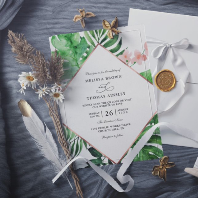 Invitation Tropical Palm Watercolor Budget QR Code Wedding (Créateur téléchargé)