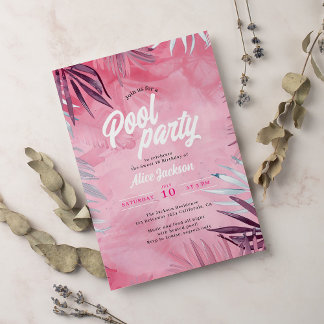 Invitation Tropical Palm Watercolor Pool Party Sweet 16