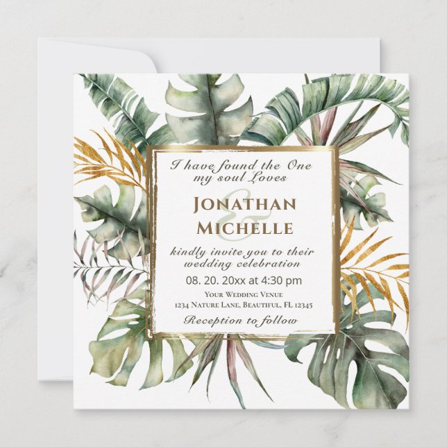Invitation Tropical Palms Gold Frame Christian Mariage (Devant)