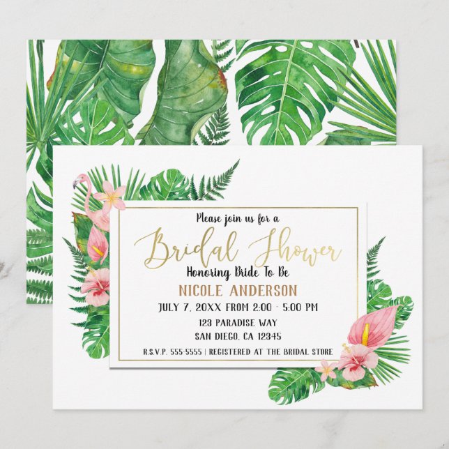 Invitation Tropical Paradise Flamingo Feuilles Baby Shower de (Devant / Derrière)