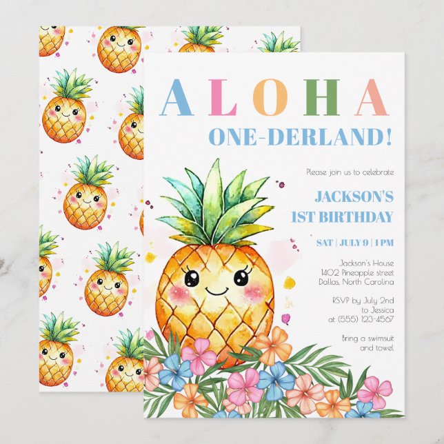 Invitation Tropical Pineapple Aloha Onederland 1er Anniversai (Devant / Derrière)