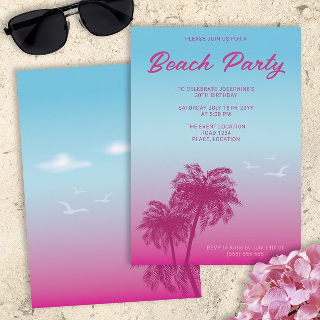 Invitation Tropical Pink Blue Beach Party Palm Trees Annivers (Créateur téléchargé)