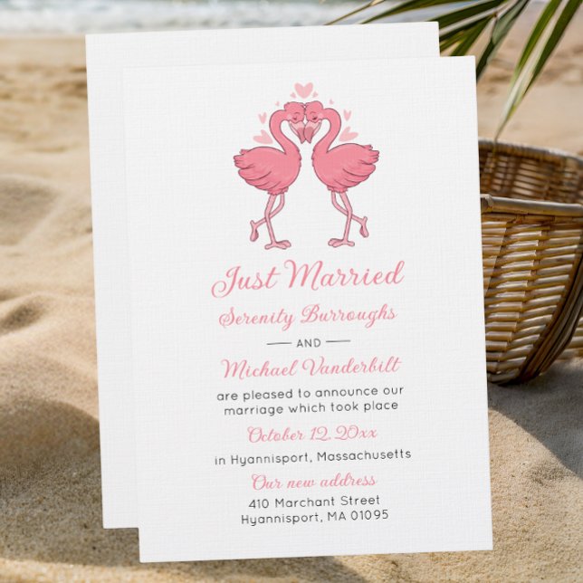 Invitation Tropical Pink Flamingo Just Married Announcement (Créateur téléchargé)