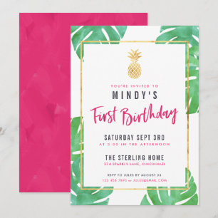 Invitation Tropical Pink & Gold 1er anniversaire de fête Invi