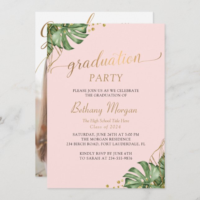 Invitation Tropical Pink Gold Arch Photo Graduation Party (Devant / Derrière)