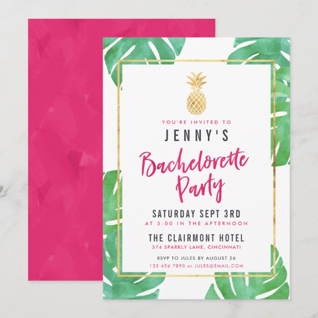Invitation Tropical Pink & Gold Pineappa Party (Devant / Derrière)