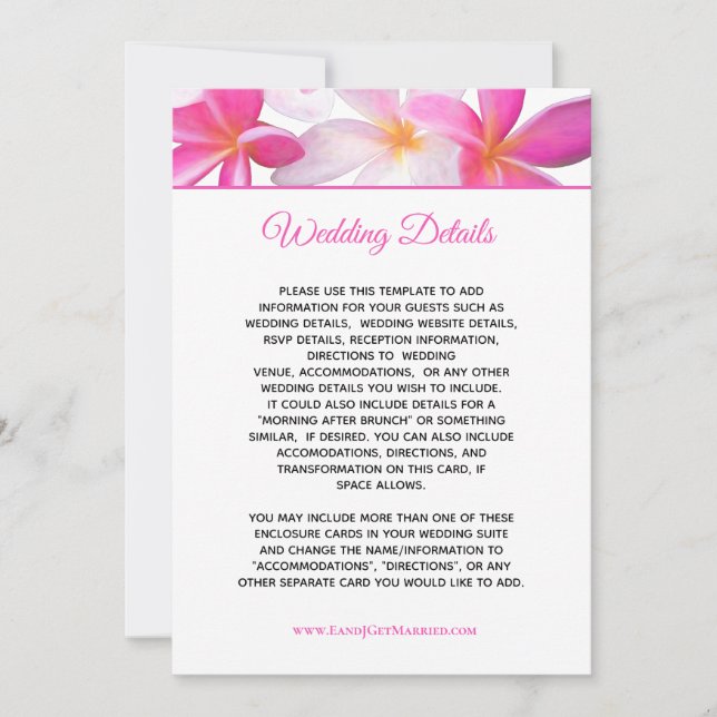 Invitation Tropical Pink Plumeria Floral Mariage Détails Cart (Devant)