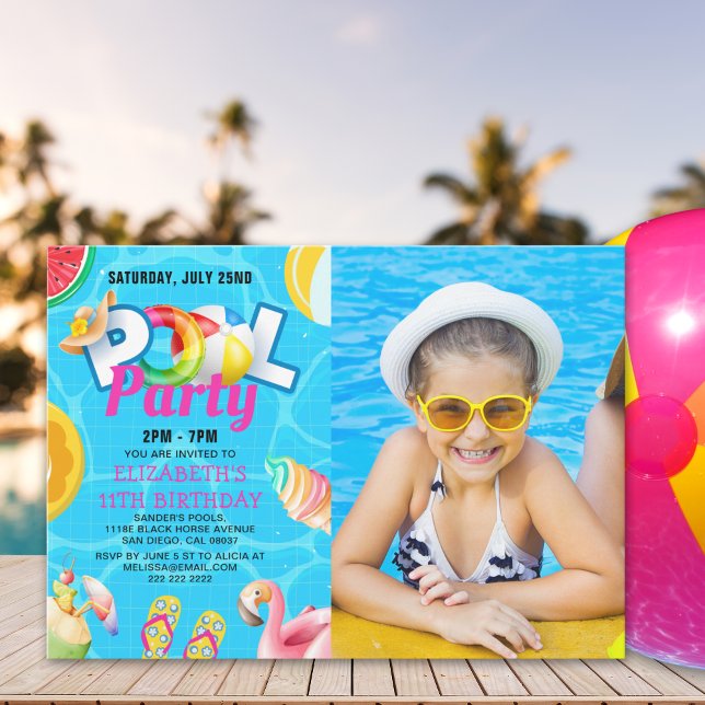 Invitation Tropical Pool Bash for Girl – Birthday Girl Photo (Créateur téléchargé)