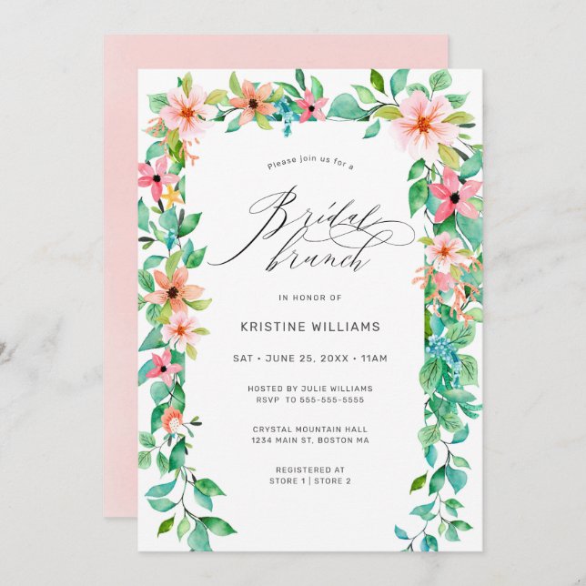 Invitation Tropical Rose Floral Script moderne Brunch nuptial (Devant / Derrière)
