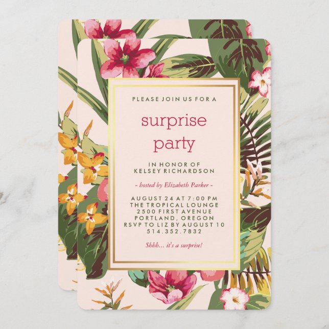 Invitation Tropical Rose Gold et Green Surprise Party (Devant / Derrière)