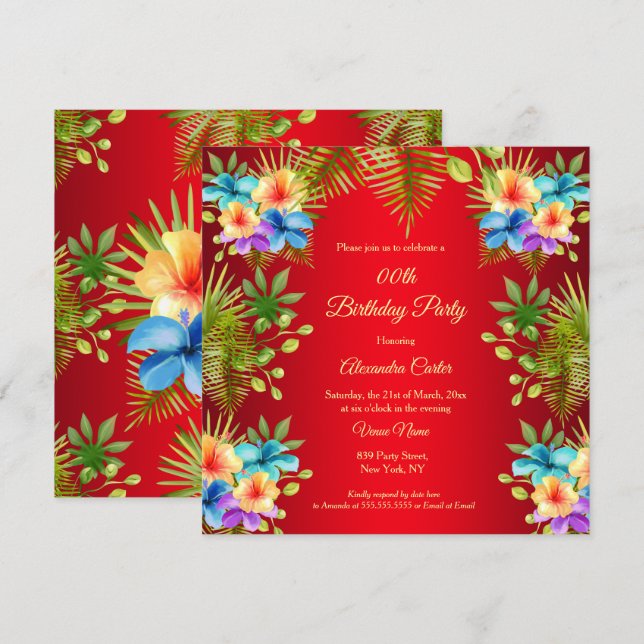 Invitation Tropical Rouge Couleurs Mixtes Jaune Floral Annive (Devant / Derrière)