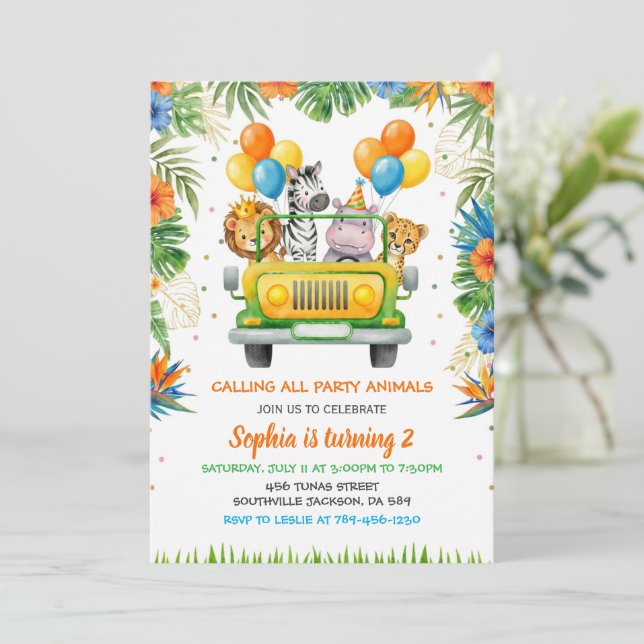 Invitation Tropical Safari Wild One Jungle Animals Birthday (Debout devant)