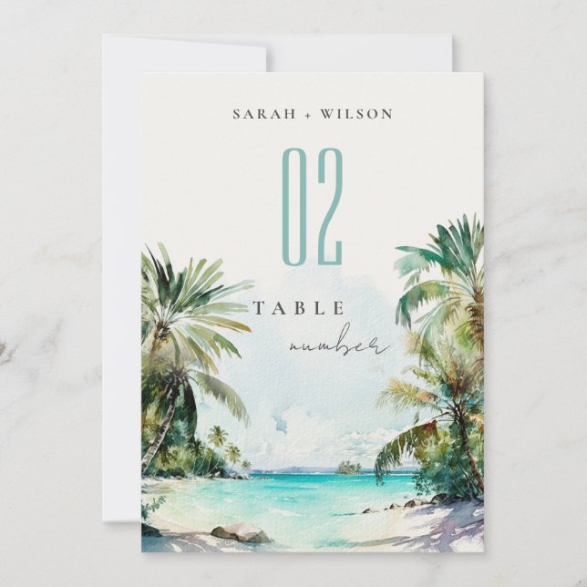 Invitation Tropical Sand Beach Palm Tree Mariage Numéro de ta (Devant)