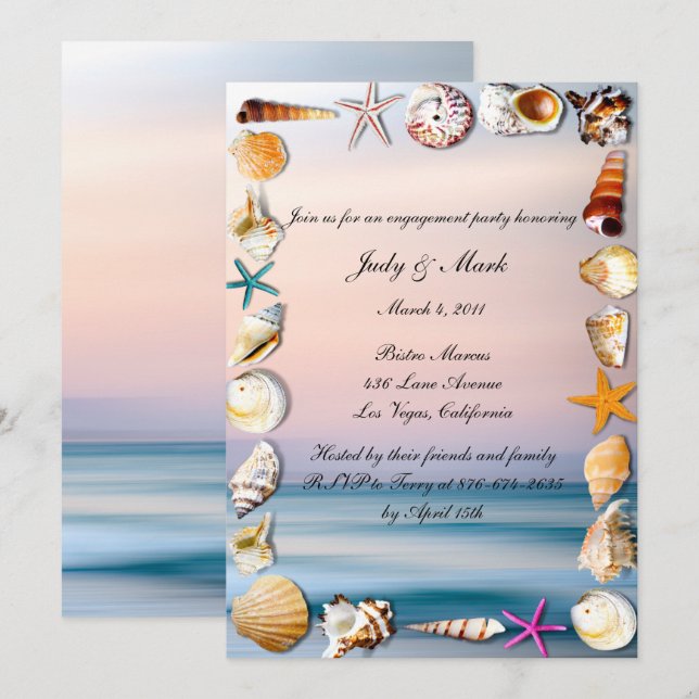 Invitation Tropical Sandy Beach And Seashell Engagement Party (Devant / Derrière)
