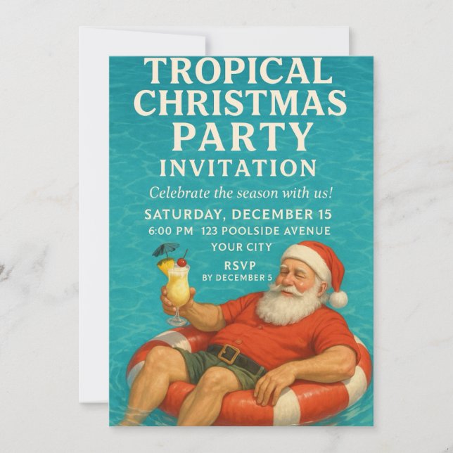 Invitation Tropical Santa Pool Christmas Party Invite (Devant)