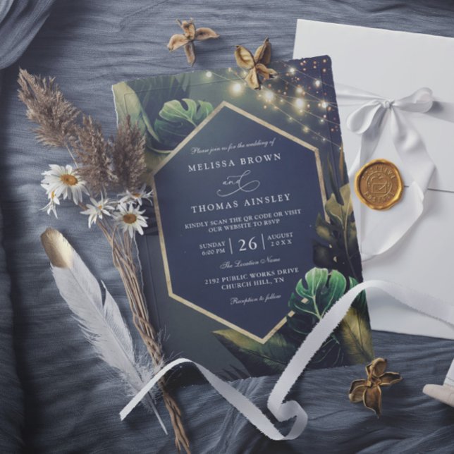 Invitation Tropical Seaside Night Gold Palms QR Code Wedding (Créateur téléchargé)