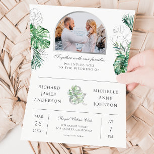 Invitation Tropical Silver Palm Photo QR Code Mariage