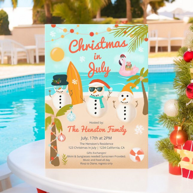 Invitation Tropical Snowmen flottante Palm Noël en juillet (Tropical Snowmen floater Palm Christmas in July Invitation)