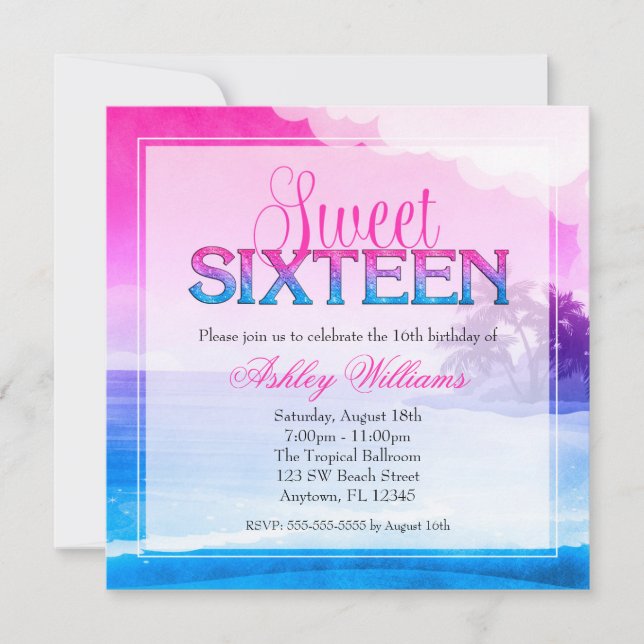 Invitation Tropical Sparkle Pink Blue Sweet 16 (Devant)