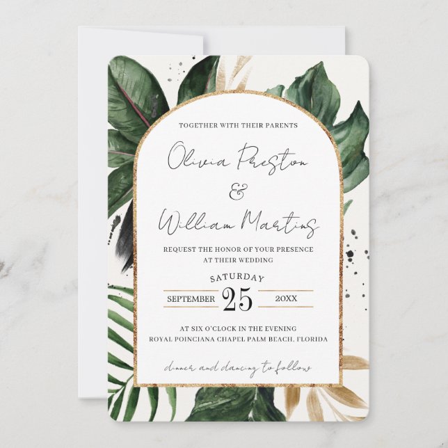 Invitation Tropical Summer Feuilles Arch QR Code RSVP Mariage (Devant)