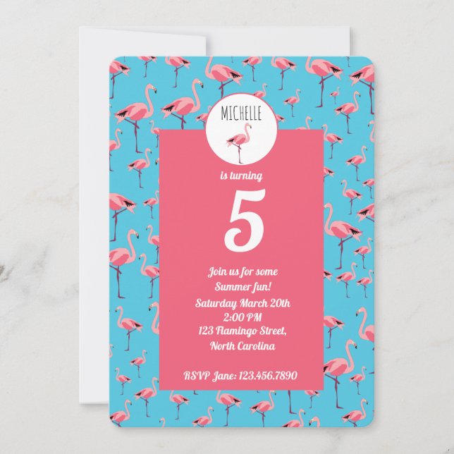 Invitation Tropical Summer Pink Flamant rose Girly 5e anniver (Devant)