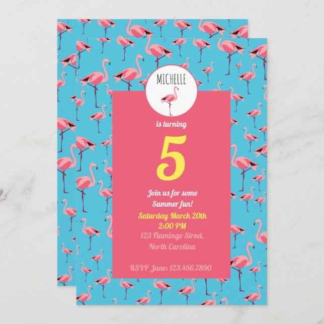 Invitation Tropical Summer Pink Flamingo modèle Anniversaire (Devant / Derrière)