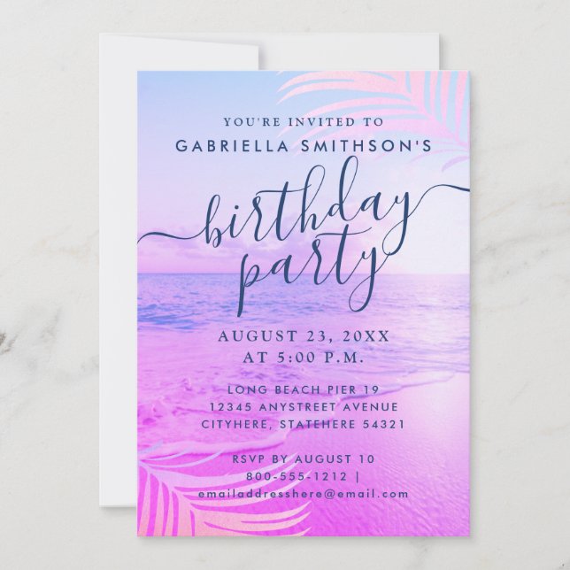 Invitation Tropical Sunset Beach Clair Pink Filtre Anniversai (Devant)