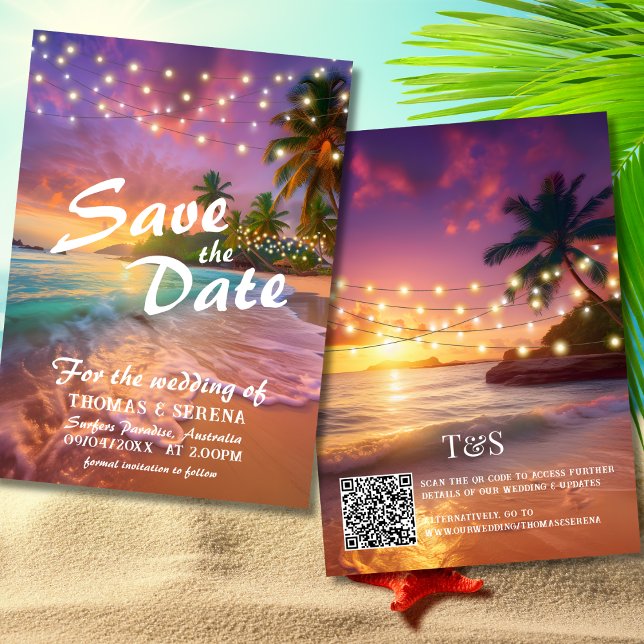 Invitation Tropical Sunset Beach QR Code Enregistrer La Date (Créateur téléchargé)