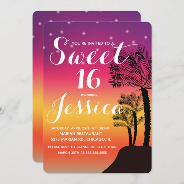Invitation Tropical Sunset Palm Tree Tropical Sweet 16 (Devant / Derrière)