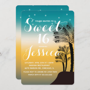 Invitation Tropical Sunset Palm Tree Tropical Sweet 16