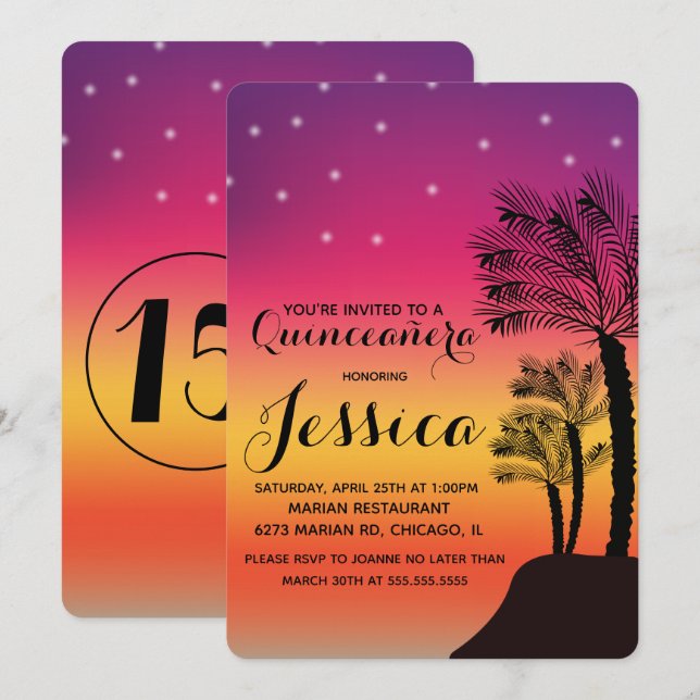 Invitation Tropical Sunset Palmier Quinceañera Douce 15 (Devant / Derrière)