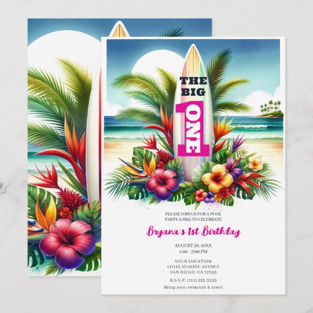Invitation Tropical Surfboard The Big ONE 1ère fête d'anniver (Devant / Derrière)
