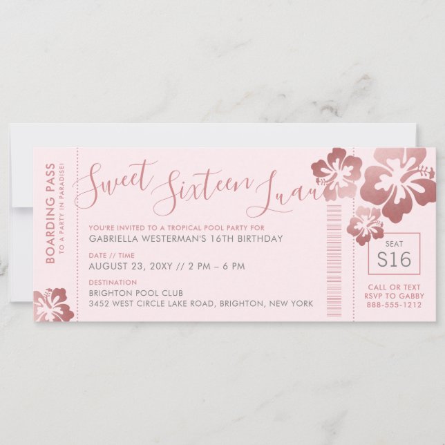 Invitation Tropical Sweet 16 Pool Luau Boarding Pass (Devant)