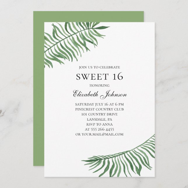 Invitation Tropical Sweet 16. Vert exotique 16e anniversaire (Devant / Derrière)
