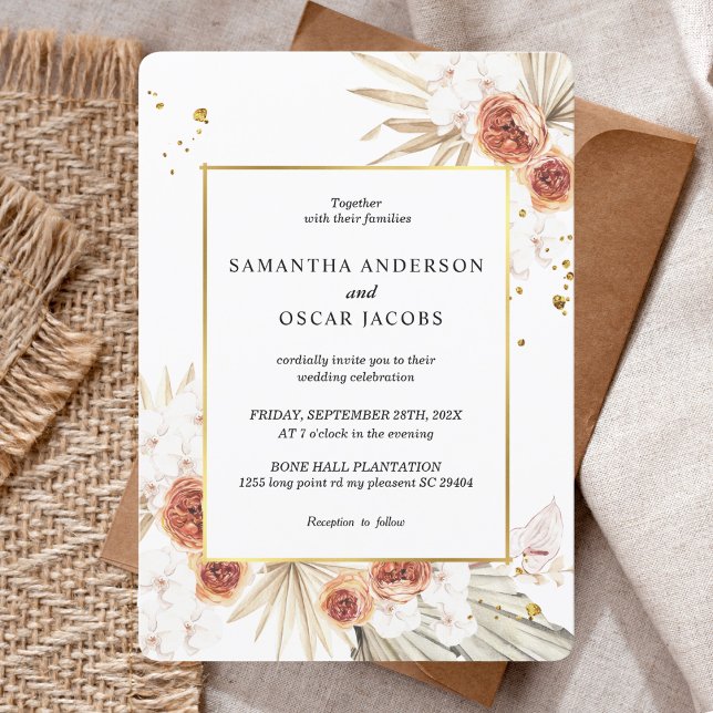 Invitation Tropical Terracotta séché Palm Leaf Gold Frame (Créateur téléchargé)