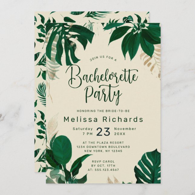 Invitation Tropical Thème Vert Feuille Bachelorette Party (Devant / Derrière)