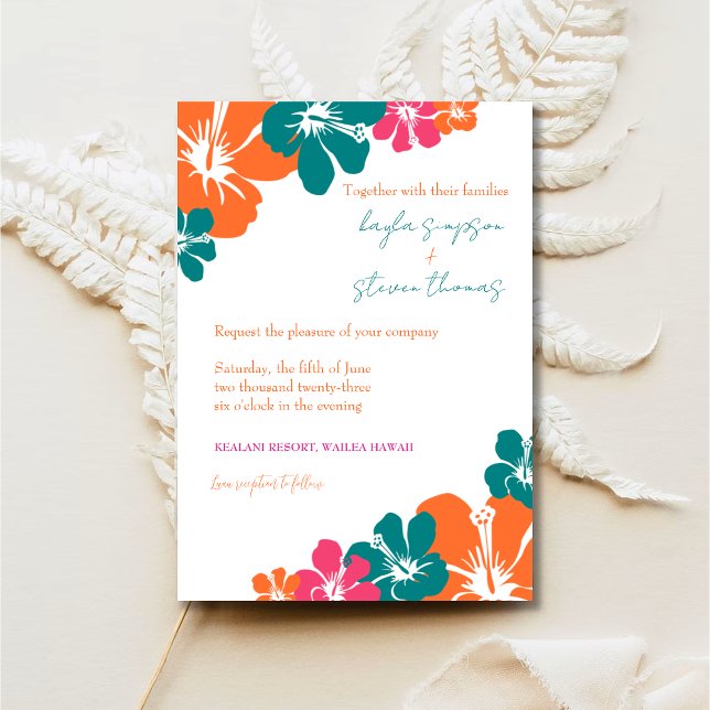 Invitation Tropical Turquoise Orange rose Hibiscus Mariage (Créateur téléchargé)