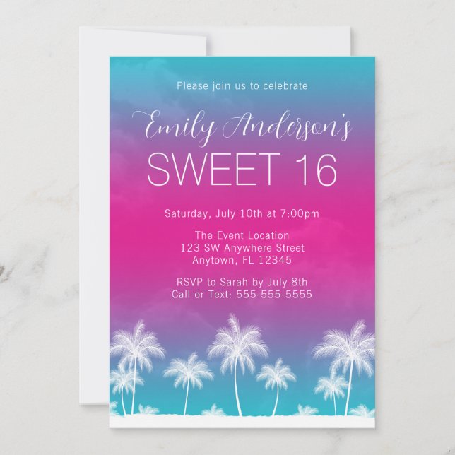 Invitation Tropical Turquoise Rose Sweet 16 Anniversaire (Devant)