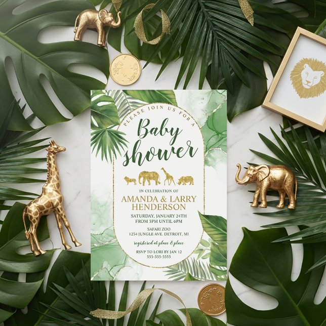Invitation Tropical Verdure Safari Animaux Dorés Baby Shower (Elegant Safari Baby Shower Invitation)