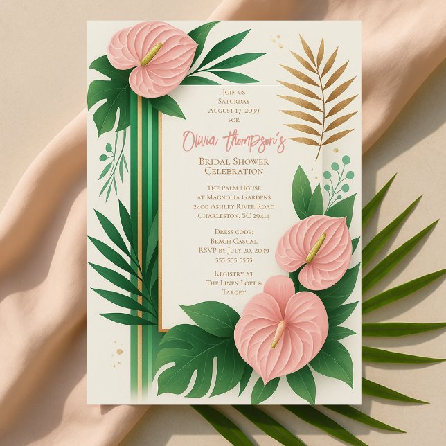 Invitation Tropical Vert et Floral Rose pour une Baby Shower  (Tropical Green and Blush Floral Bridal Shower Invitation
)