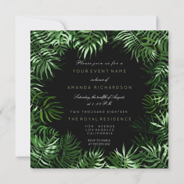 Invitation Tropical Vert Menthe Noir Feuilles de Palmier Cadr (Devant)