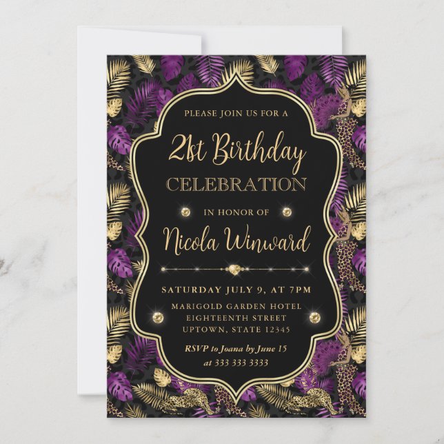 Invitation Tropical Violet & Or Imprimé Léopard Anniversaire  (Devant)