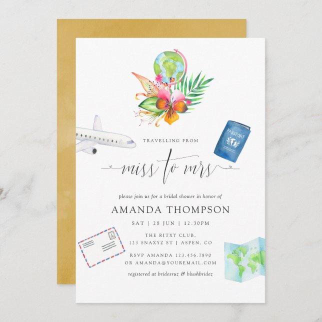 Invitation Tropical Voyageant De Mlle À Mme Fête des mariées (Devant / Derrière)